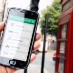 Hand holding smartphone with city guide on screen in London