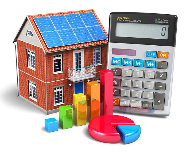 A model house, calculator, bar graph, and pie chart illustrating the concept of home finance.