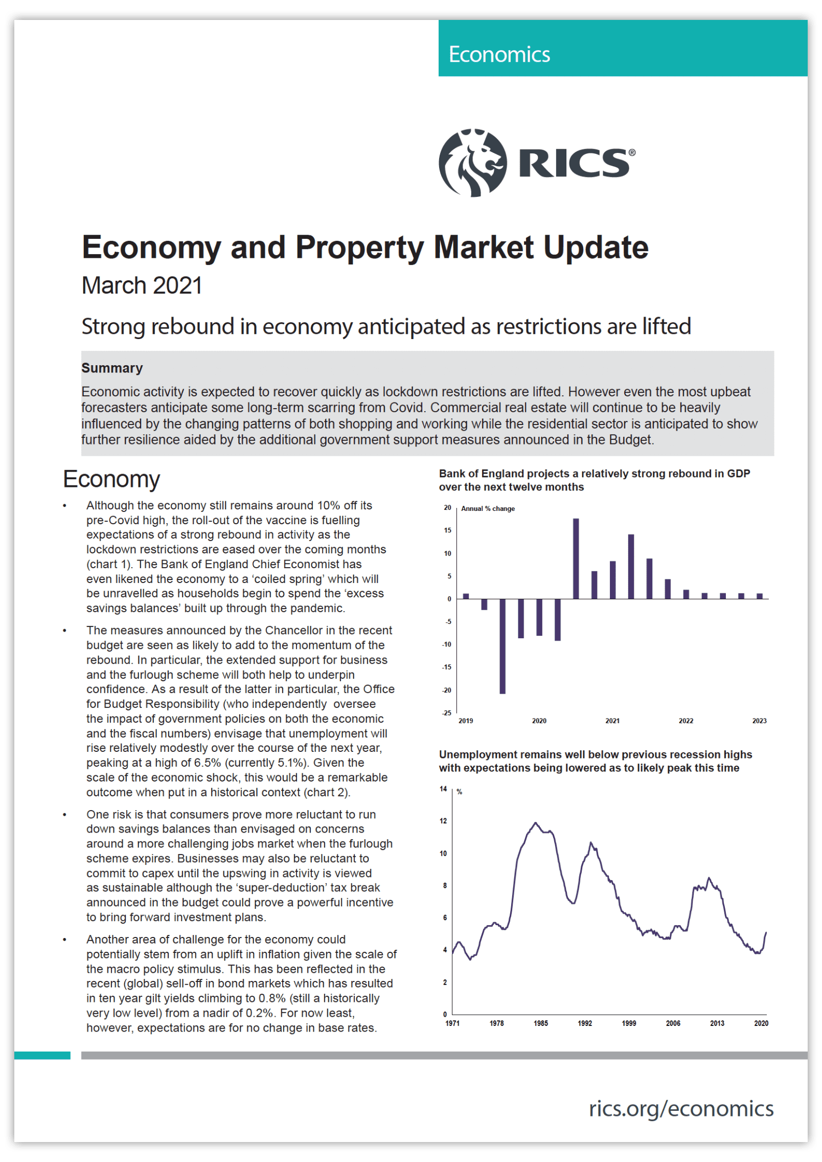 RICS Economy and Property Market Update for March 2021, showing economic forecasts and charts