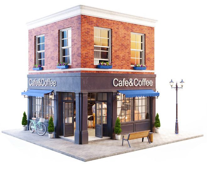 A 3D rendering of a charming cafe with a red awning and sidewalk seating.