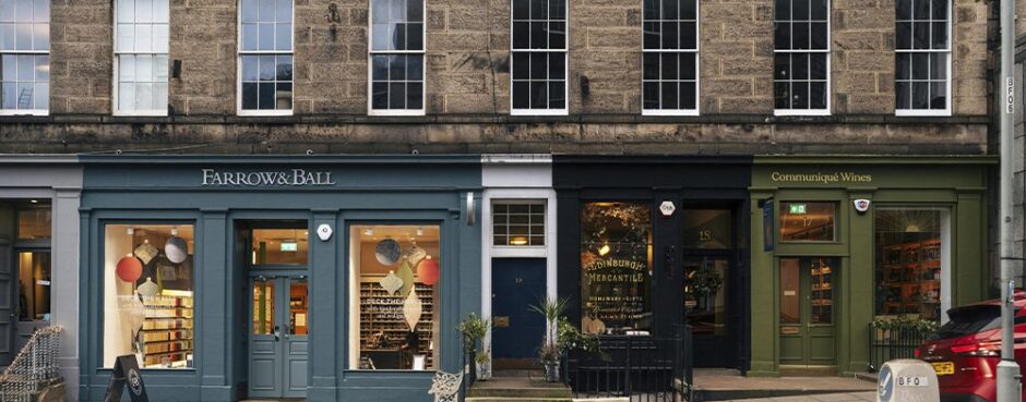 Street view of mixed-use commercial properties with shops and offices in the United Kingdom