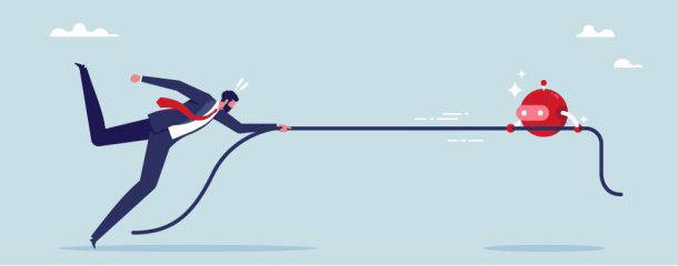 Businessman pulling rope to chase fast moving robot symbolising automation and productivity