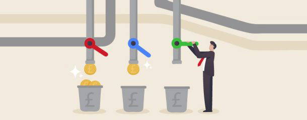 Illustration of business cost management and financial efficiency showing controlled revenue flow, budgeting strategy, and operational savings optimisation.